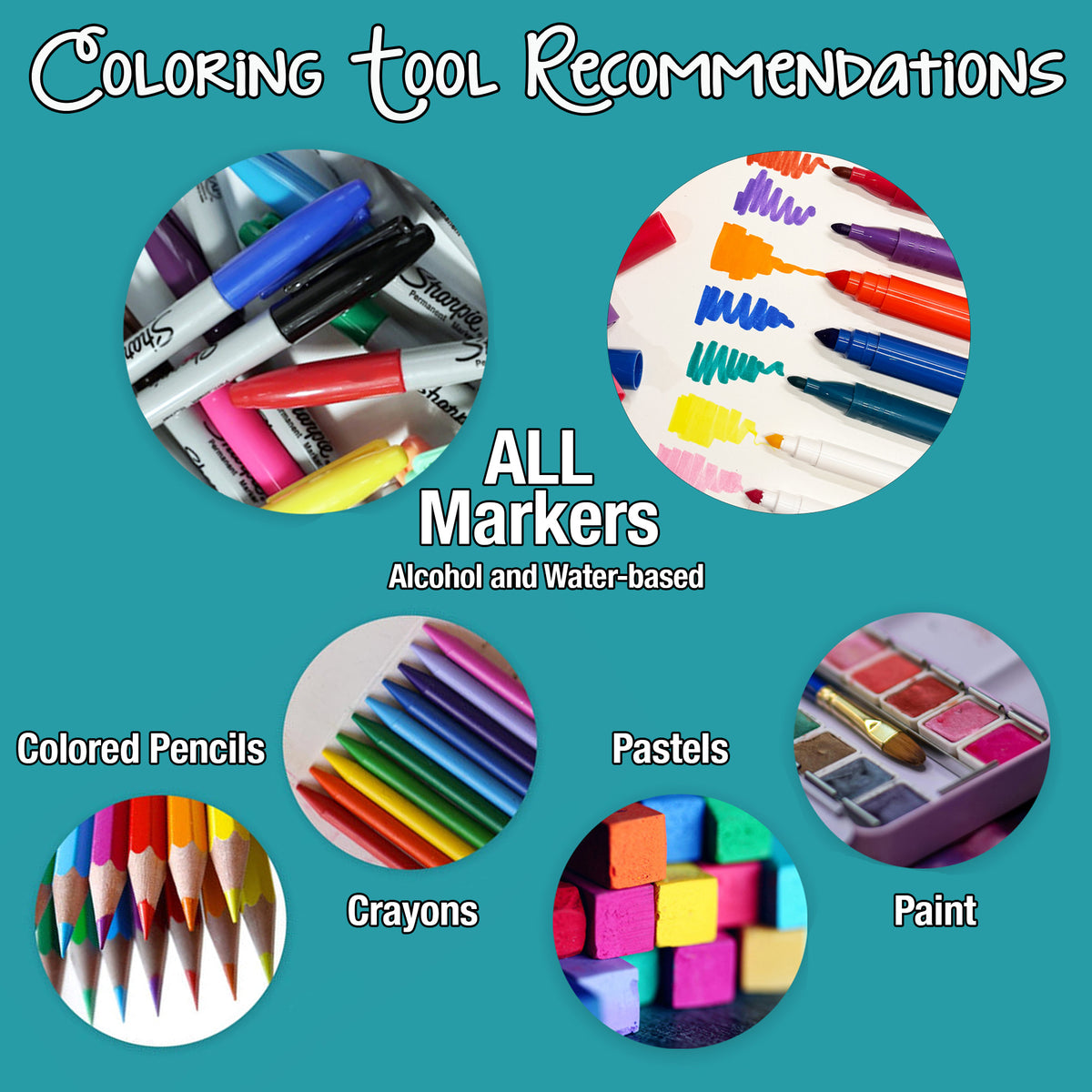Infographic of Coloring Tool Recommendations for coloring a certain type of coloring poster.  The graphic features small photos of various types of coloring media, such as Sharpies, crayons, paint, pastels, etc. Words include, "All Markers, Alcohol and water-based," "Colored Pencils," etc. 