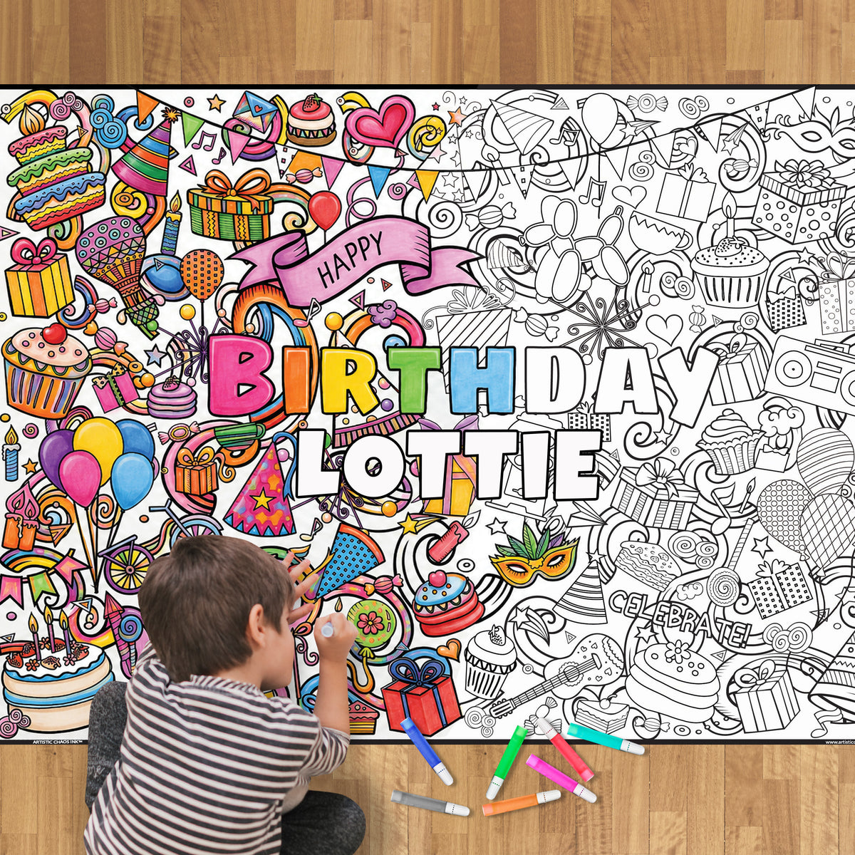 A child sits on the floor coloring a giant personalized coloring poster with markers.  The poster features birthday-themed objects and words.