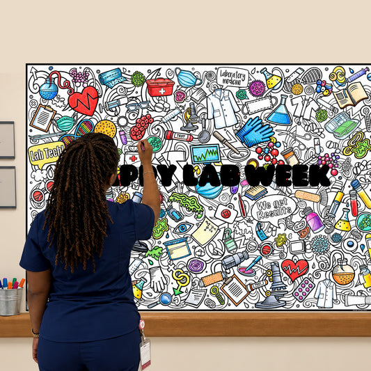 A woman colors a giant personalized coloring poster.  The poster features graphics and words related to the Laboratory/Lab Tech  profession. 