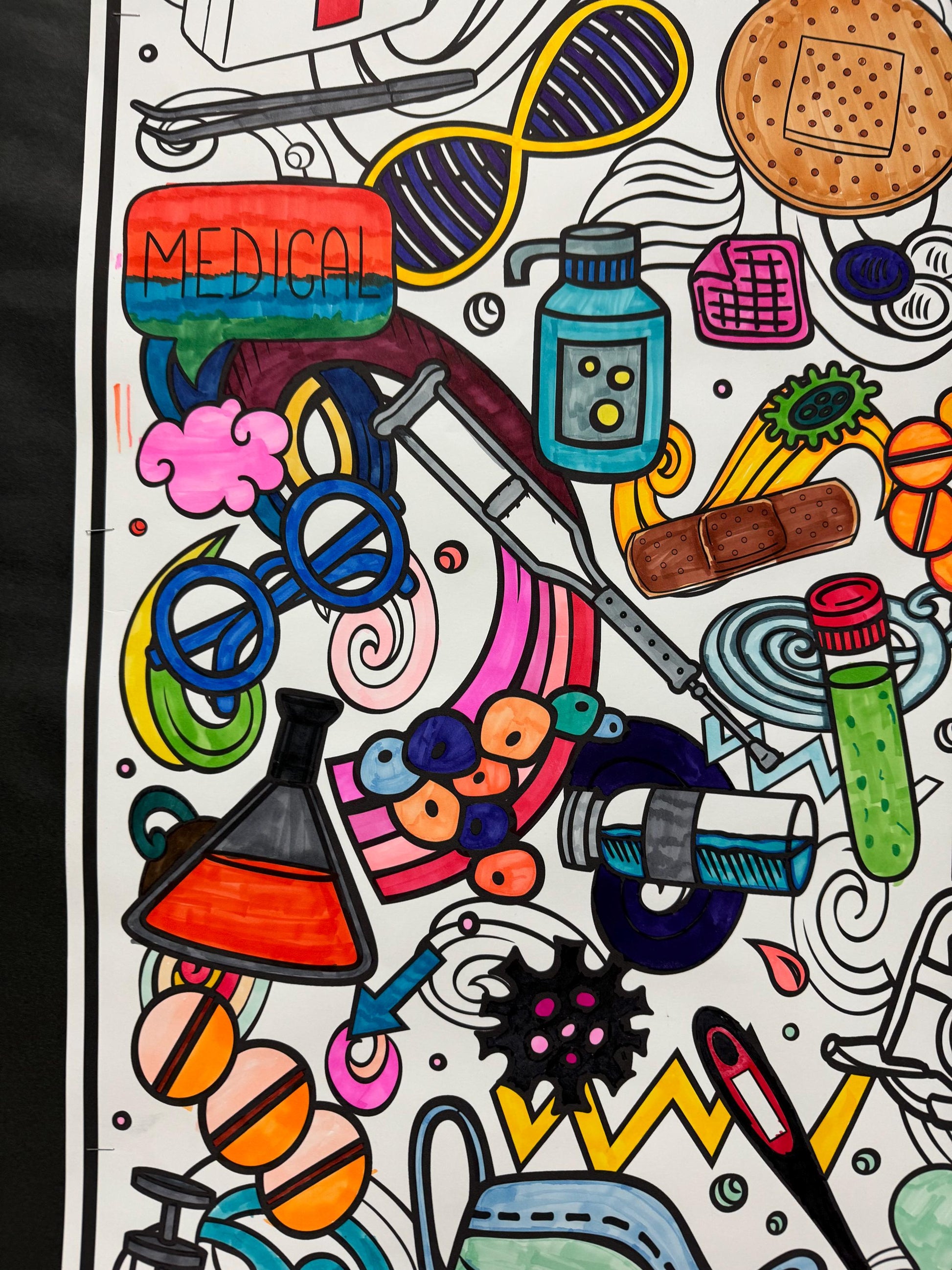Colorful doodles of medical and science-themed objects on a white background.