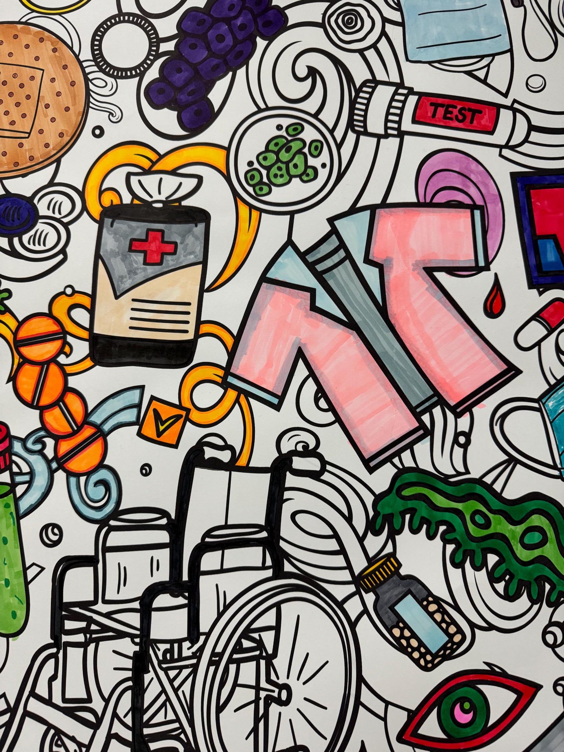 Colorful illustration of medical and everyday objects on a white background