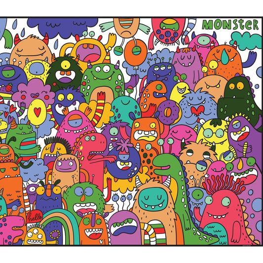 dozens of silly monsters coloring poster that is mostly colored in.