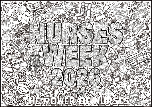 Coloring poster with 'Nurses Week 2026 The Power of Nurses' text and various nurse-related illustrations.