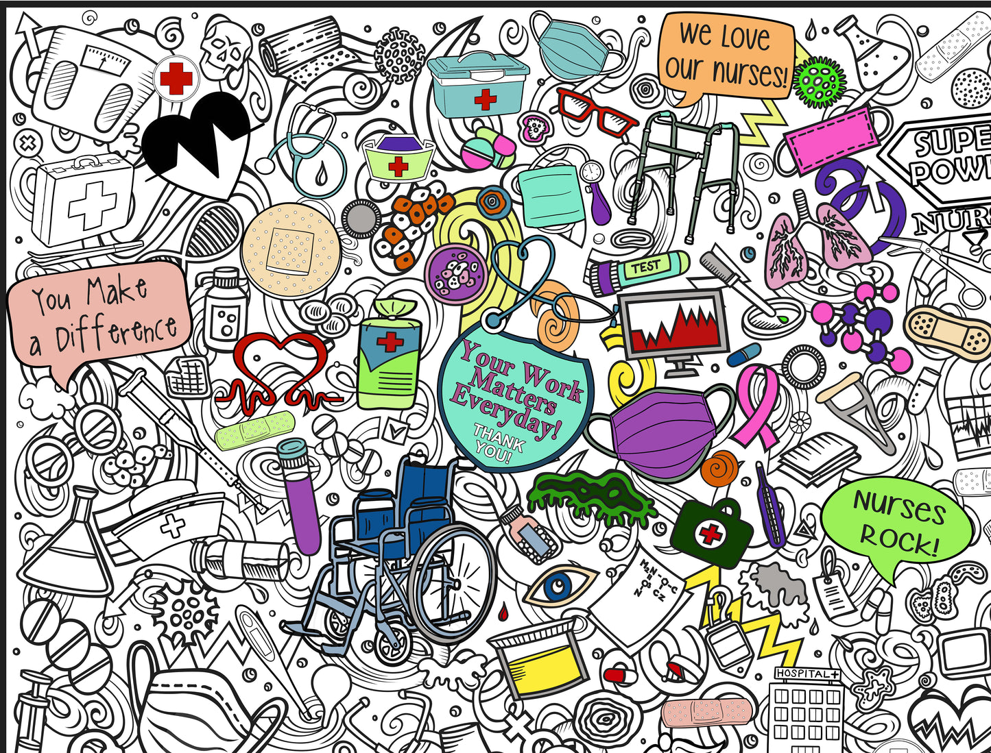 Colorful illustration of medical-themed doodles with text and icons on a white background
