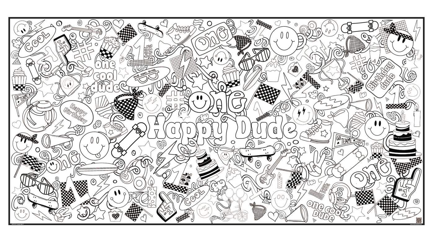 Coloring page with doodles and 'Happy Dude' text