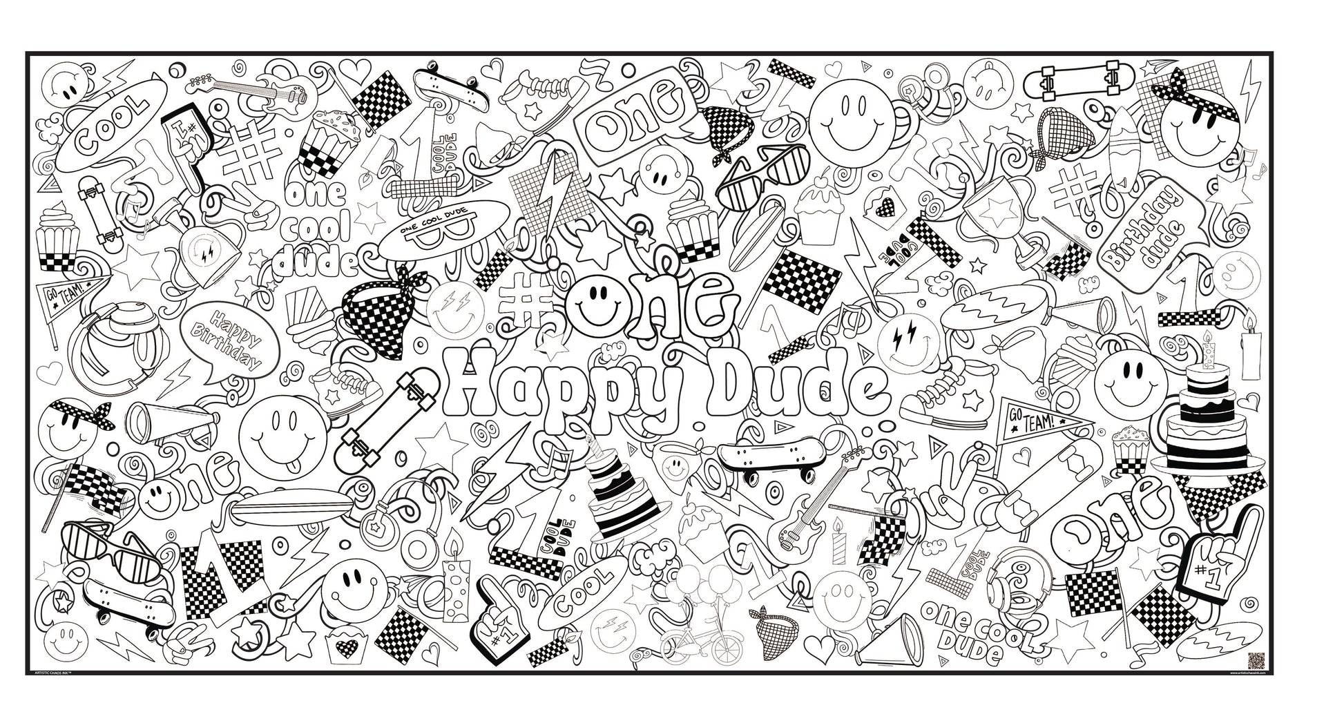 Coloring page with doodles and 'Happy Dude' text