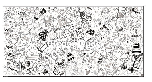Coloring page with doodles and 'Happy Dude' text