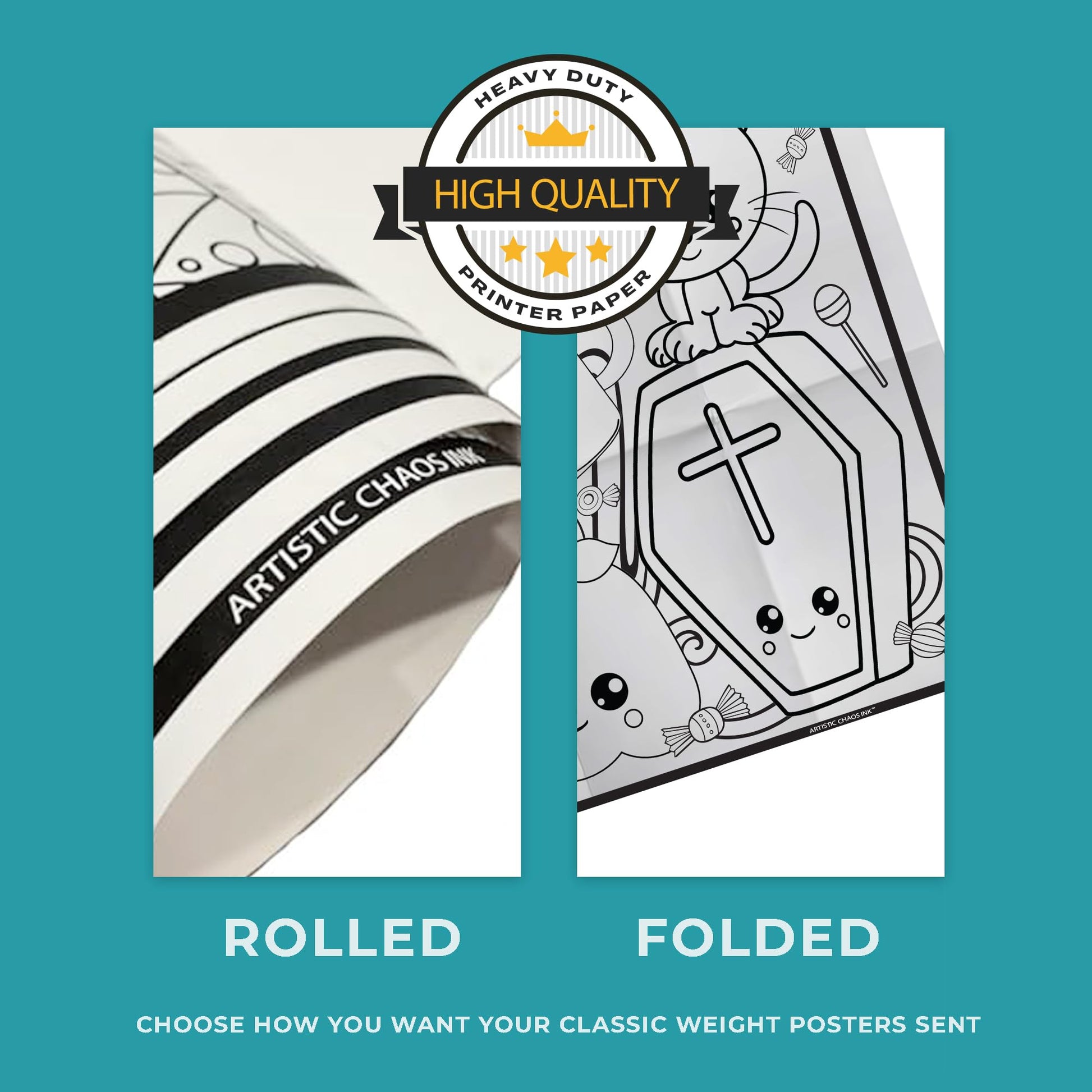 infographic showing the difference between a rolled poster and a folded one.