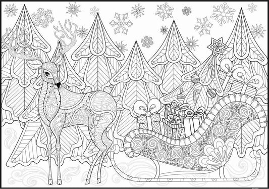 Huge Christmas Sleigh Coloring Poster | Christmas Party Coloring Page