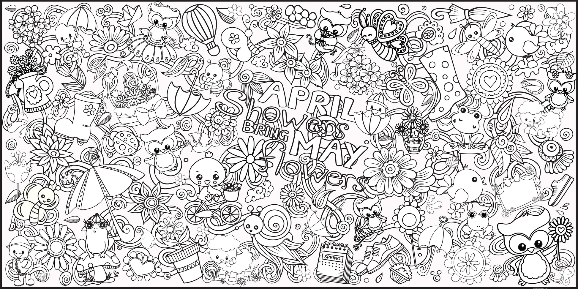 Black and White image of a spring time coloring poster filled with bugs, birds, flowers, ducks, owls, flowers and more.