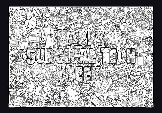 Giant coloring poster with graphics and words related to Surgical Tech Week.