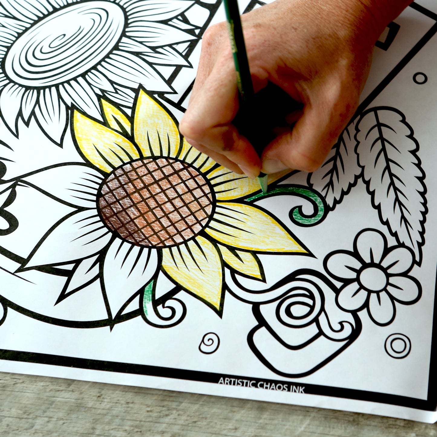 A large sunflower being colored by a hand holding a colored pencil. 