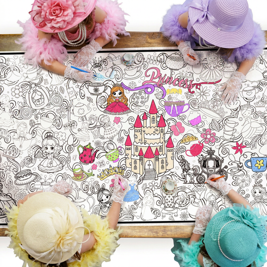 Children's coloring table with princess-themed designs and children wearing colorful hats having a tea party