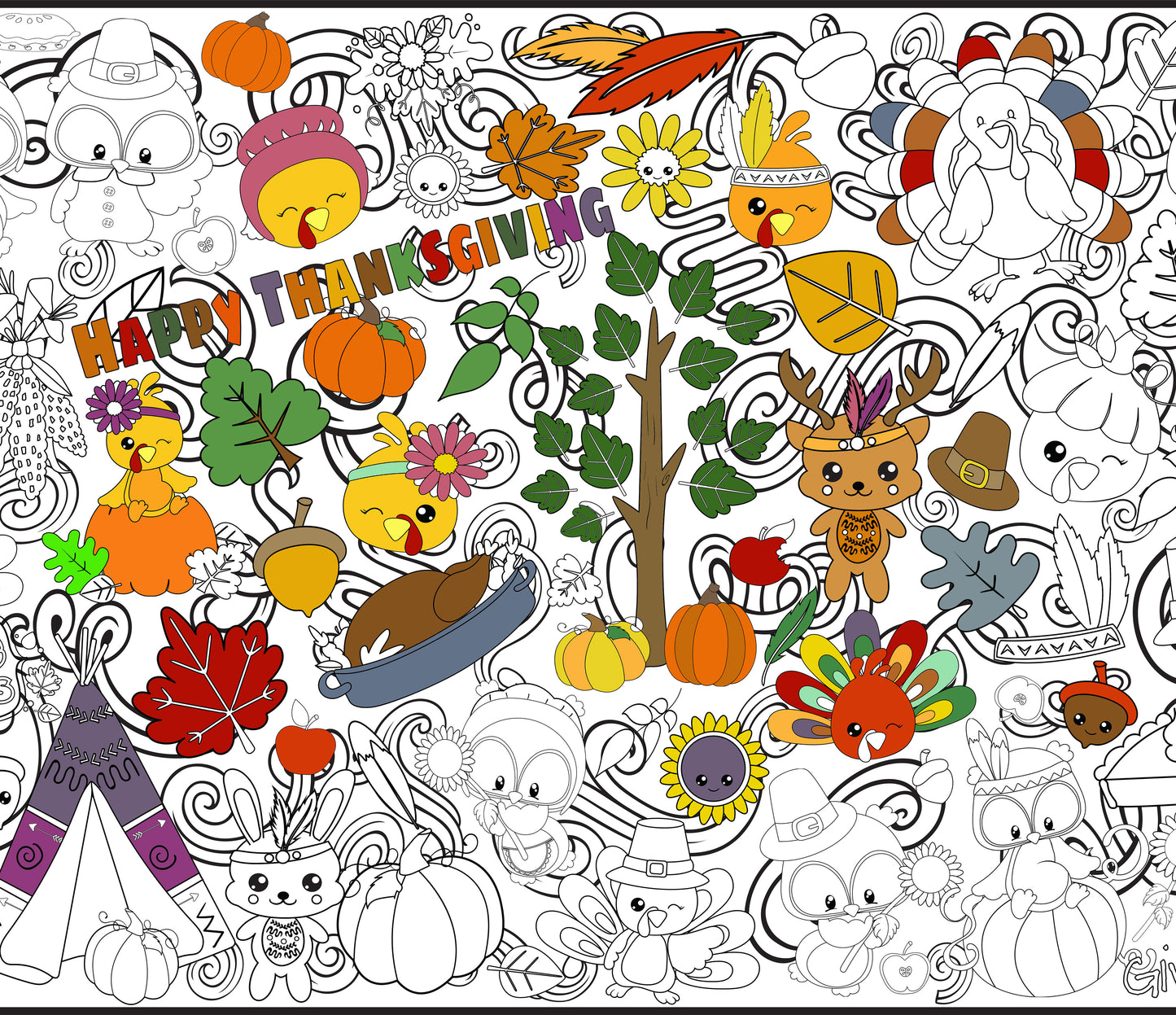 Thankful Critters for Thanksgiving Feast Coloring Poster