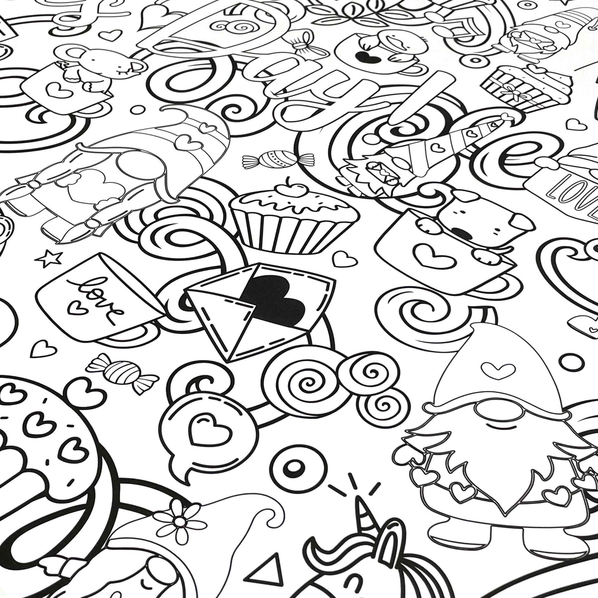 close-up image of an uncolored coloring poster with a Valentine's Day theme.  The poster is packed with graphics in a Valentine's Day theme, including hearts, cute animals, desserts, gnomes, etc.