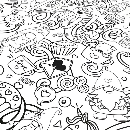 close-up image of an uncolored coloring poster with a Valentine's Day theme.  The poster is packed with graphics in a Valentine's Day theme, including hearts, cute animals, desserts, gnomes, etc.