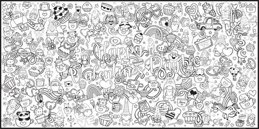 black and white image of a valentines themed coloring poster filled with hearts, cupcakes, animals in mugs, gnomes. flowers and more.