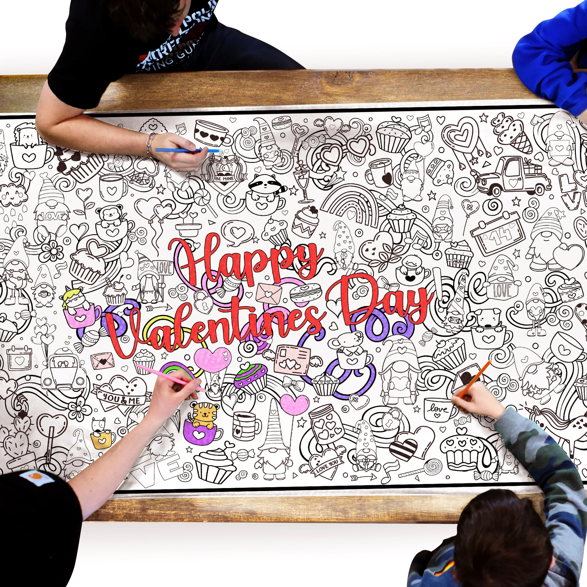 Valentines day poster being colored by a group of people 