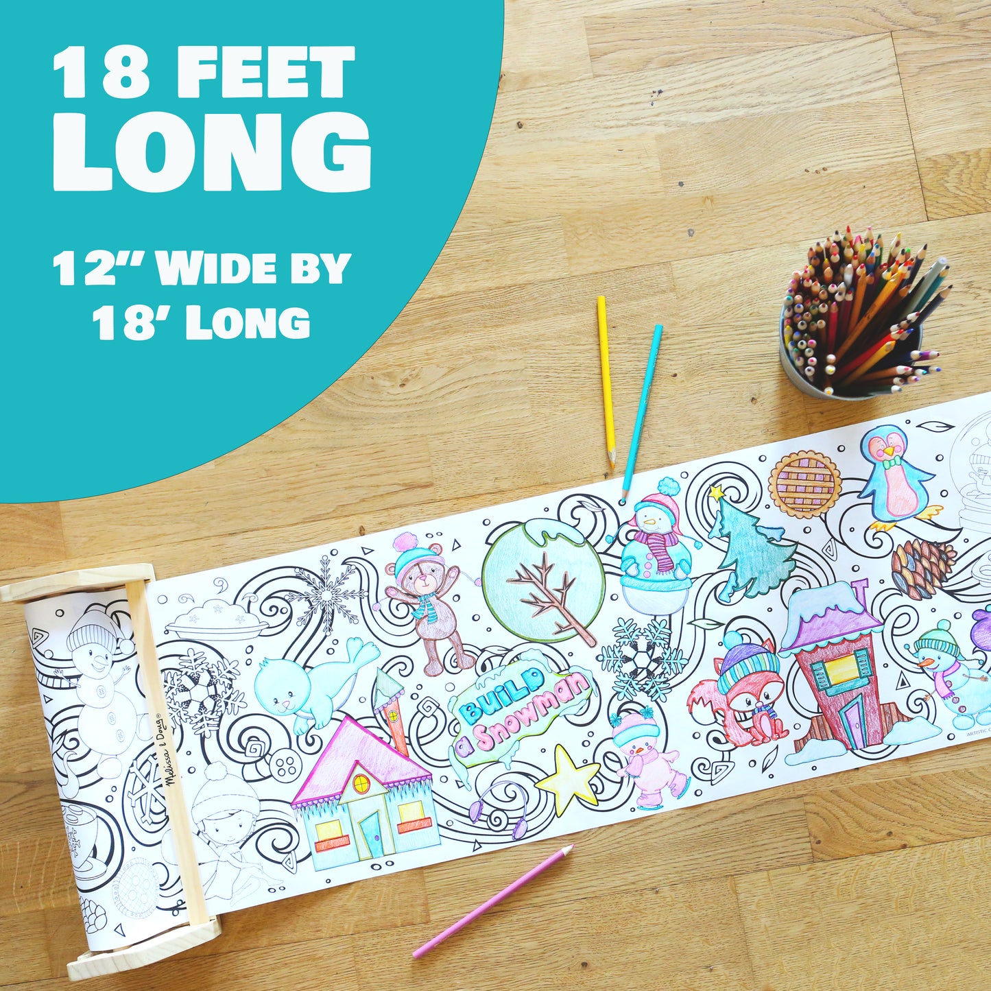 winter coloring roll by artistic chaos ink with a bear, house, winter animals and pie.