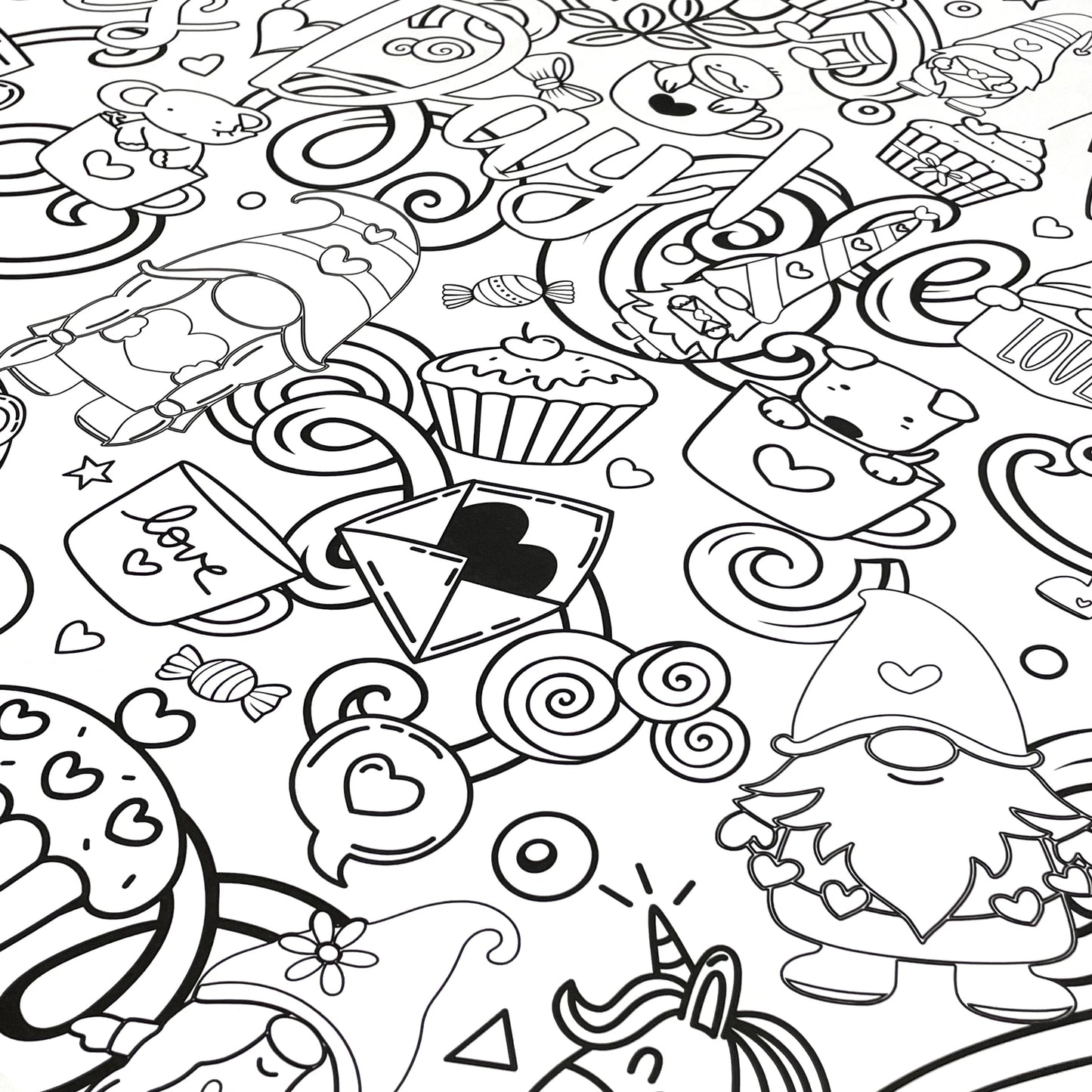 black and white image of valentines day coloring poster close up with graphics of an envelope, gnomes, hearts and more