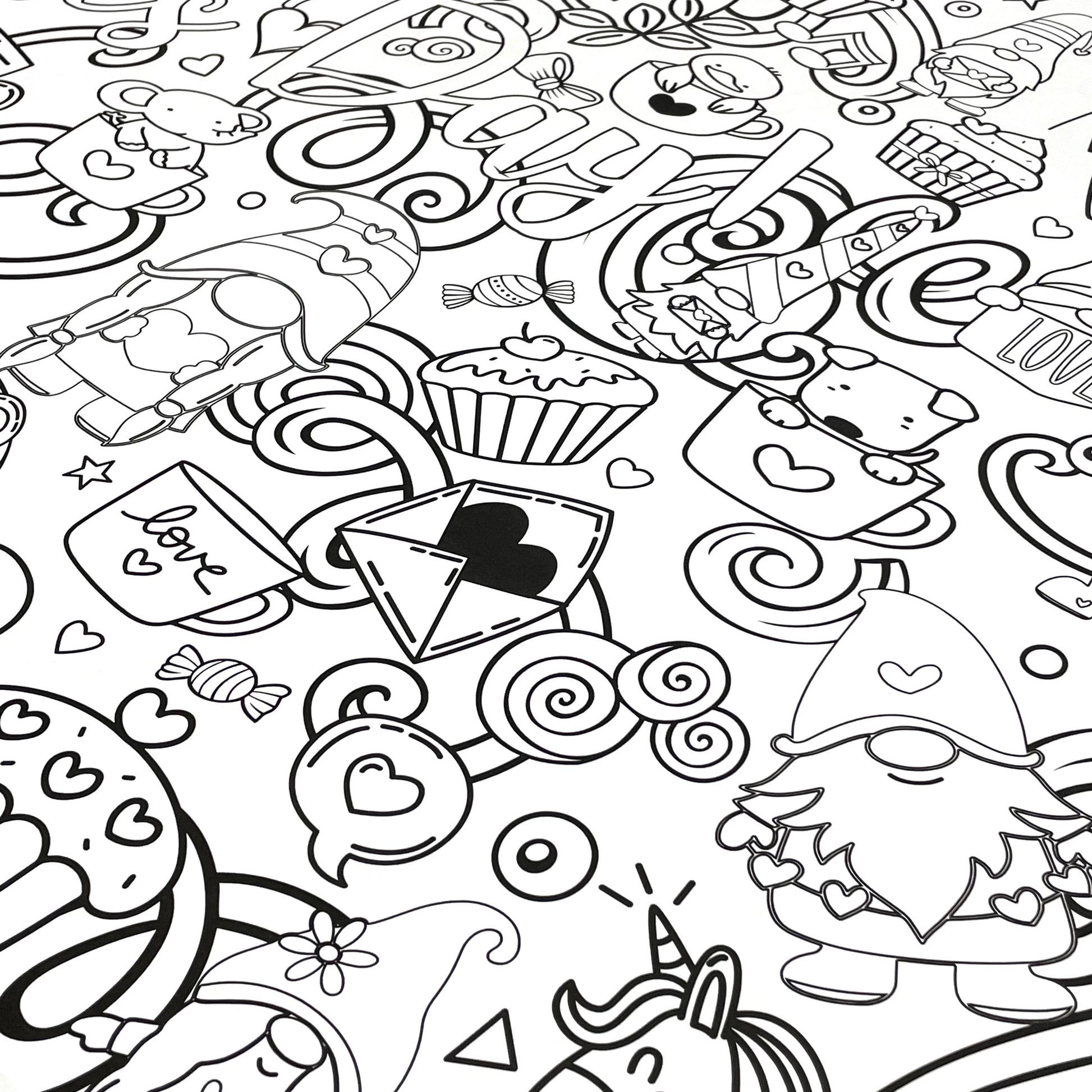black and white image of valentines day coloring poster close up with graphics of an envelope, gnomes, hearts and more