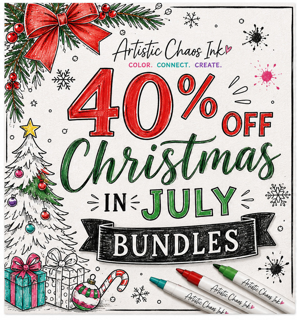 Promotional graphic for Artistic Chaos Ink featuring a Christmas-themed design with large text reading '40% OFF Christmas IN JULY BUNDLES,' decorated with a red bow, evergreen branches, snowflakes, gifts, candy cane, ornament, and two colored markers on a white background.