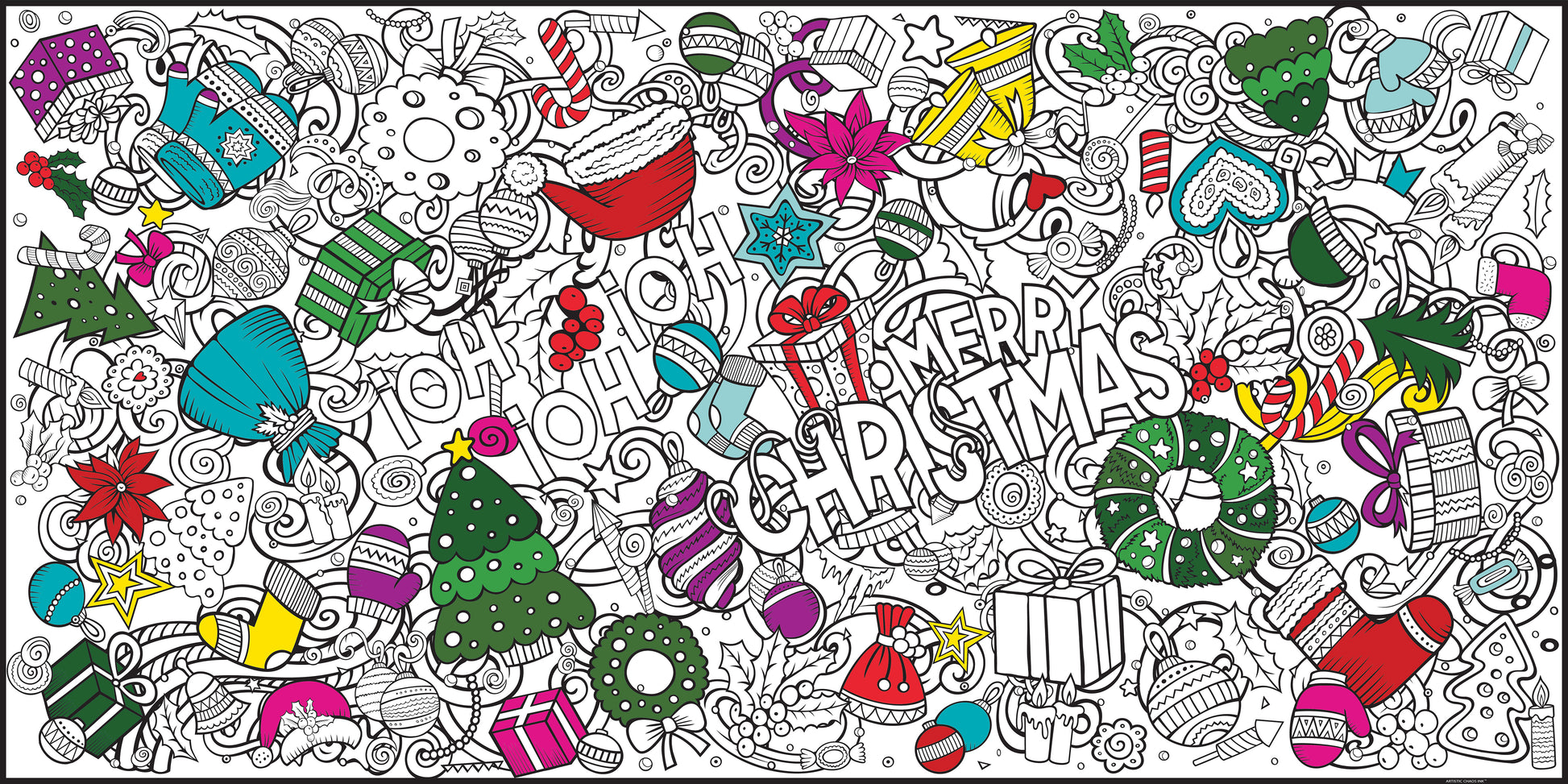 Colorful Christmas-themed coloring banner on a white background. Merry Christmas 