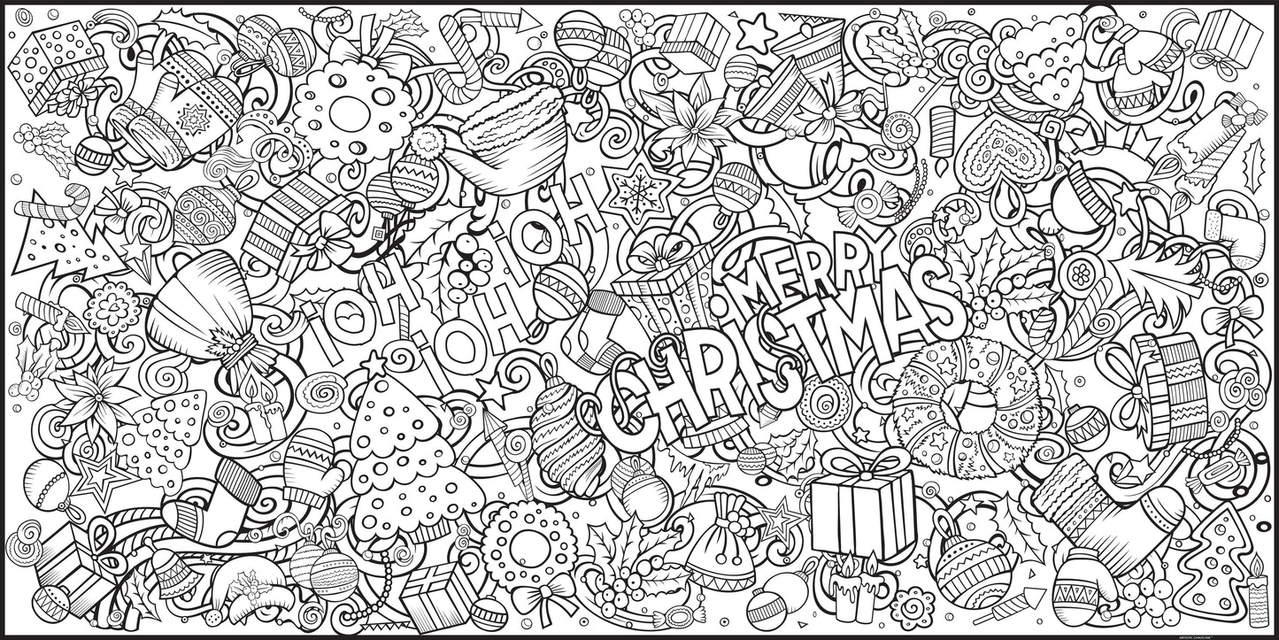 Giant Coloring book page with Christmas-themed graphics and images. Christmas tree, presents, 