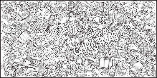 Giant Coloring book page with Christmas-themed graphics and images. Christmas tree, presents, 