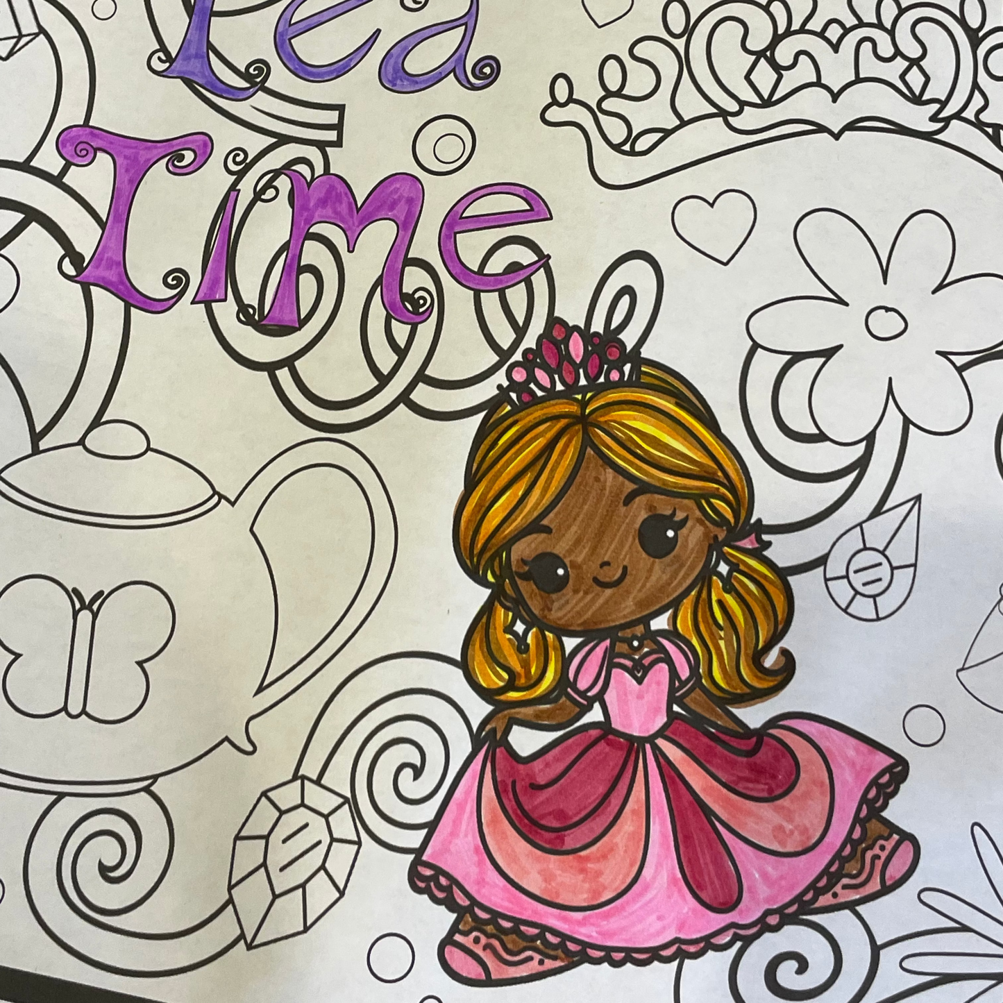 Coloring book page with a princess and 'Tea Time' text on a patterned background