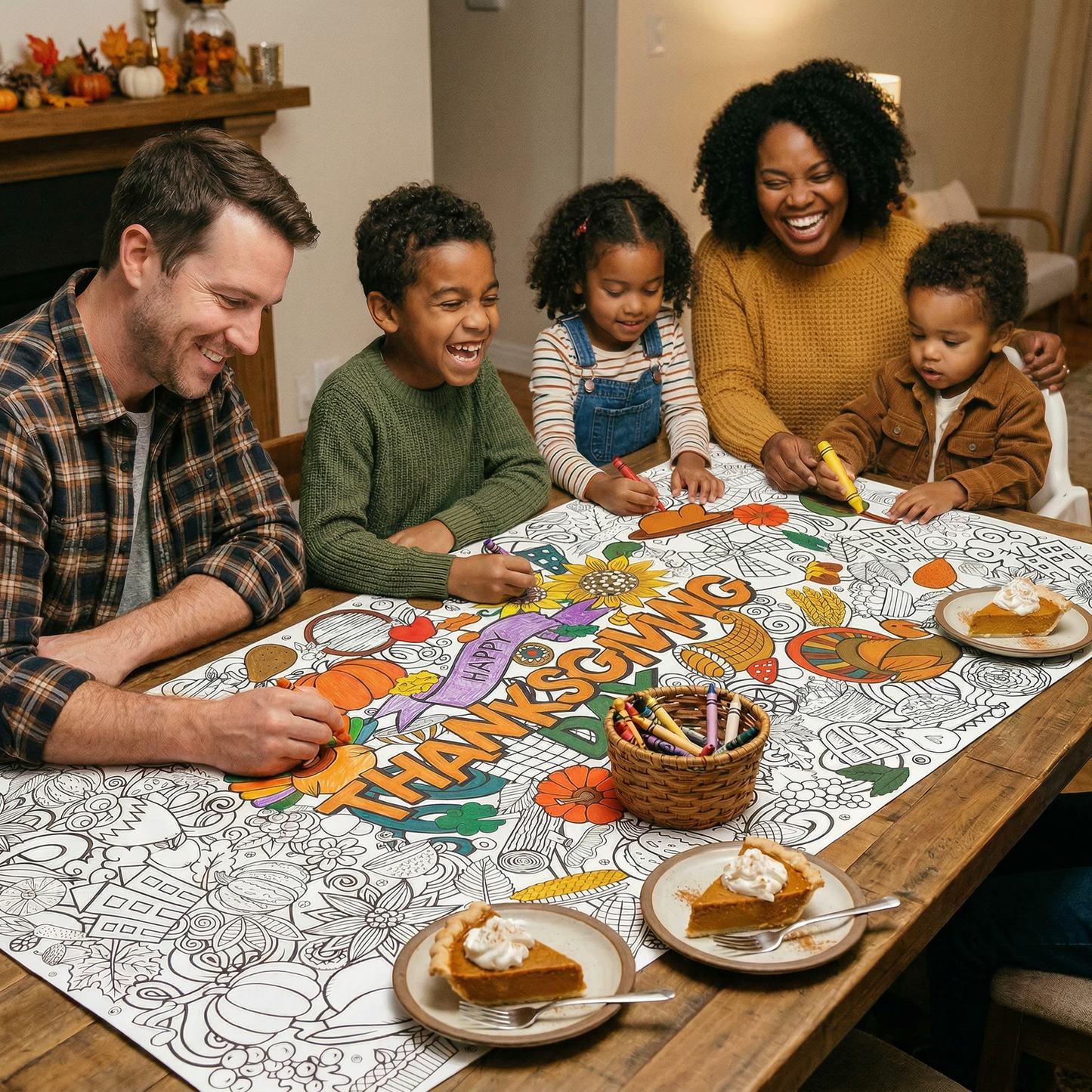 a beautiful family coloring a happy thanksgiving day coloring banner. They are using crayons and eating pumpkin pie