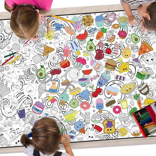 A large coloring banner with silly food all over it with faces being colored by a group of children