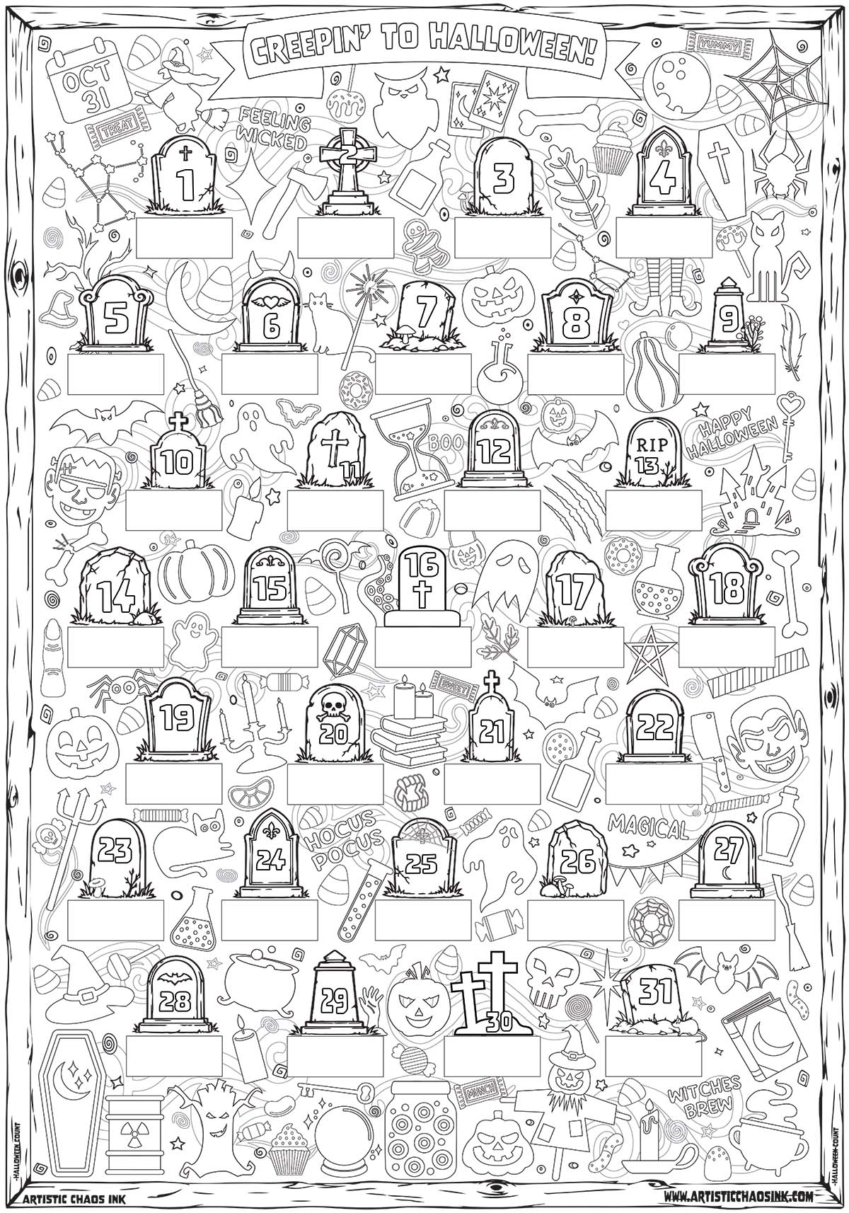 Halloween Countdown Coloring Poster DIY with Scratch-Off Stickers