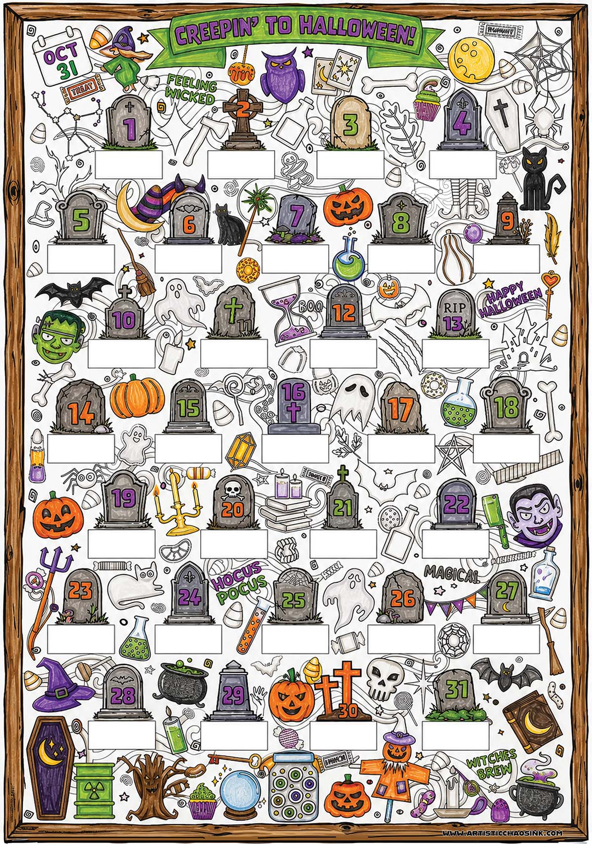 Halloween Countdown Coloring Poster DIY with Scratch-Off Stickers