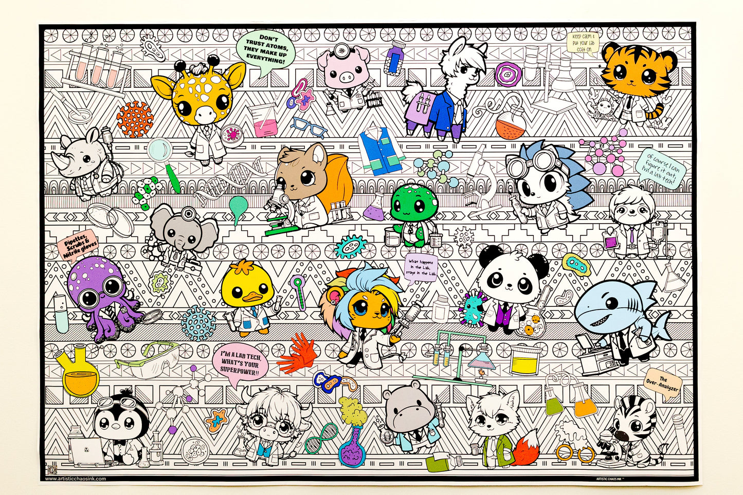 jumbo poster designed with adorable little lab helpers. Animals in lab coats.