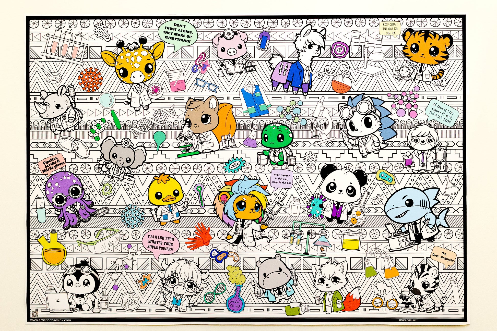 jumbo poster designed with adorable little lab helpers. Animals in lab coats.