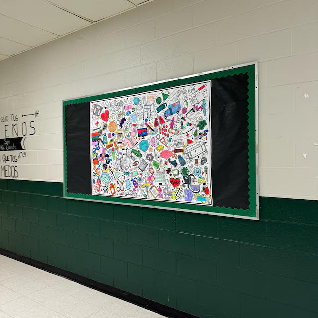 Bulldog-themed bulletin board in a classroom setting with green trim.