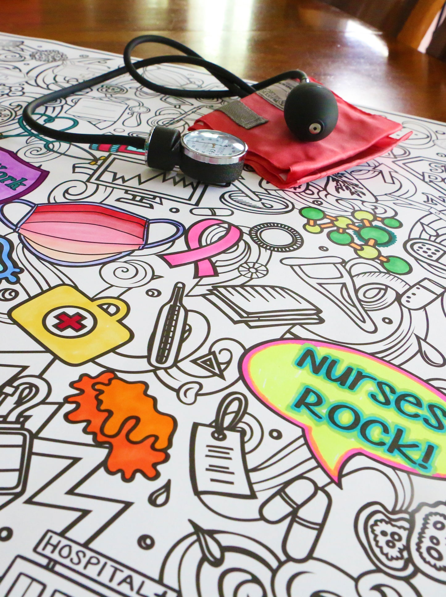 A nurses rock coloring poster with blood pressure cuff