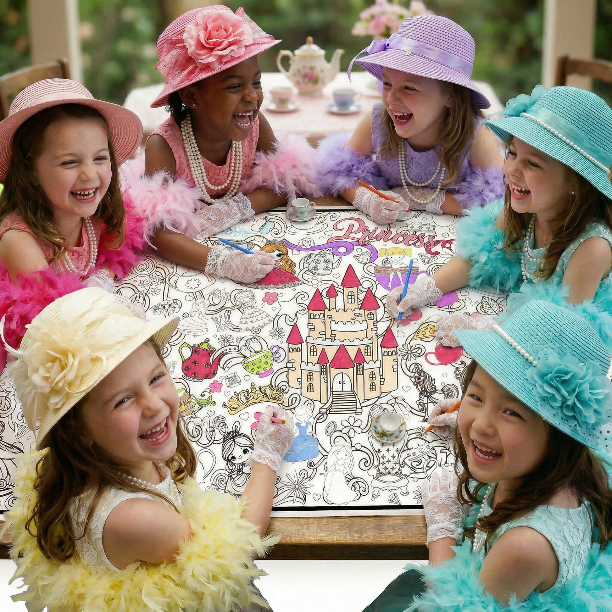 Children in colorful hats sitting around a table with a princess-themed coloring poster